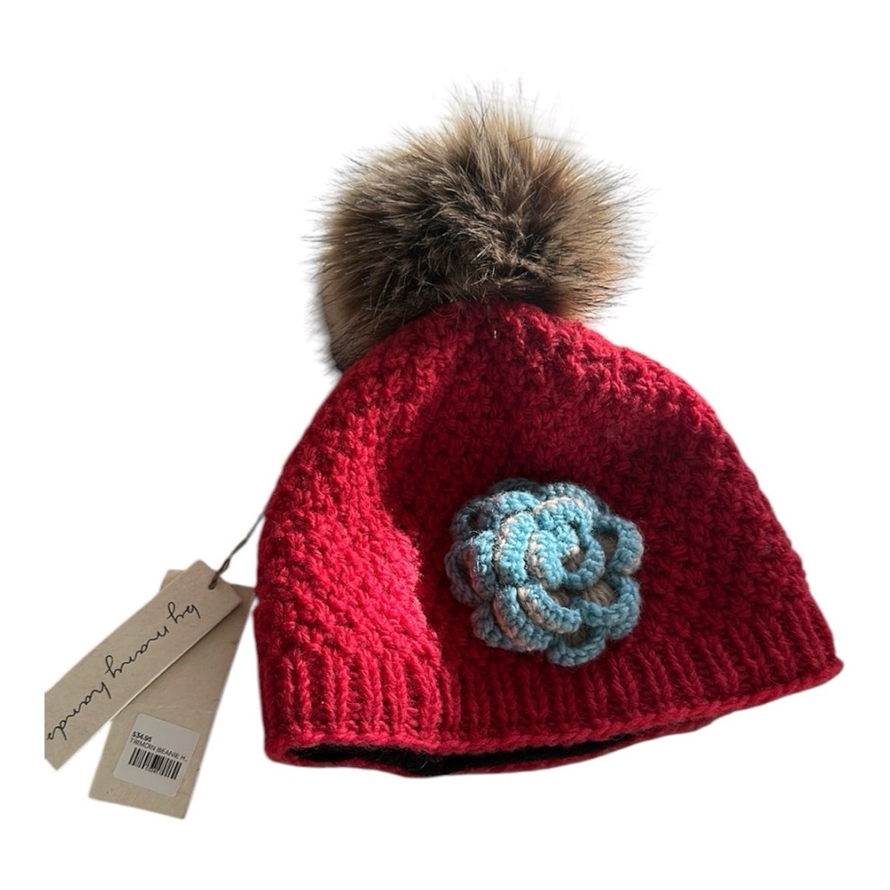 By Many Hands Chantilly Red Knit Wool  Trimdin Beanie / NWT